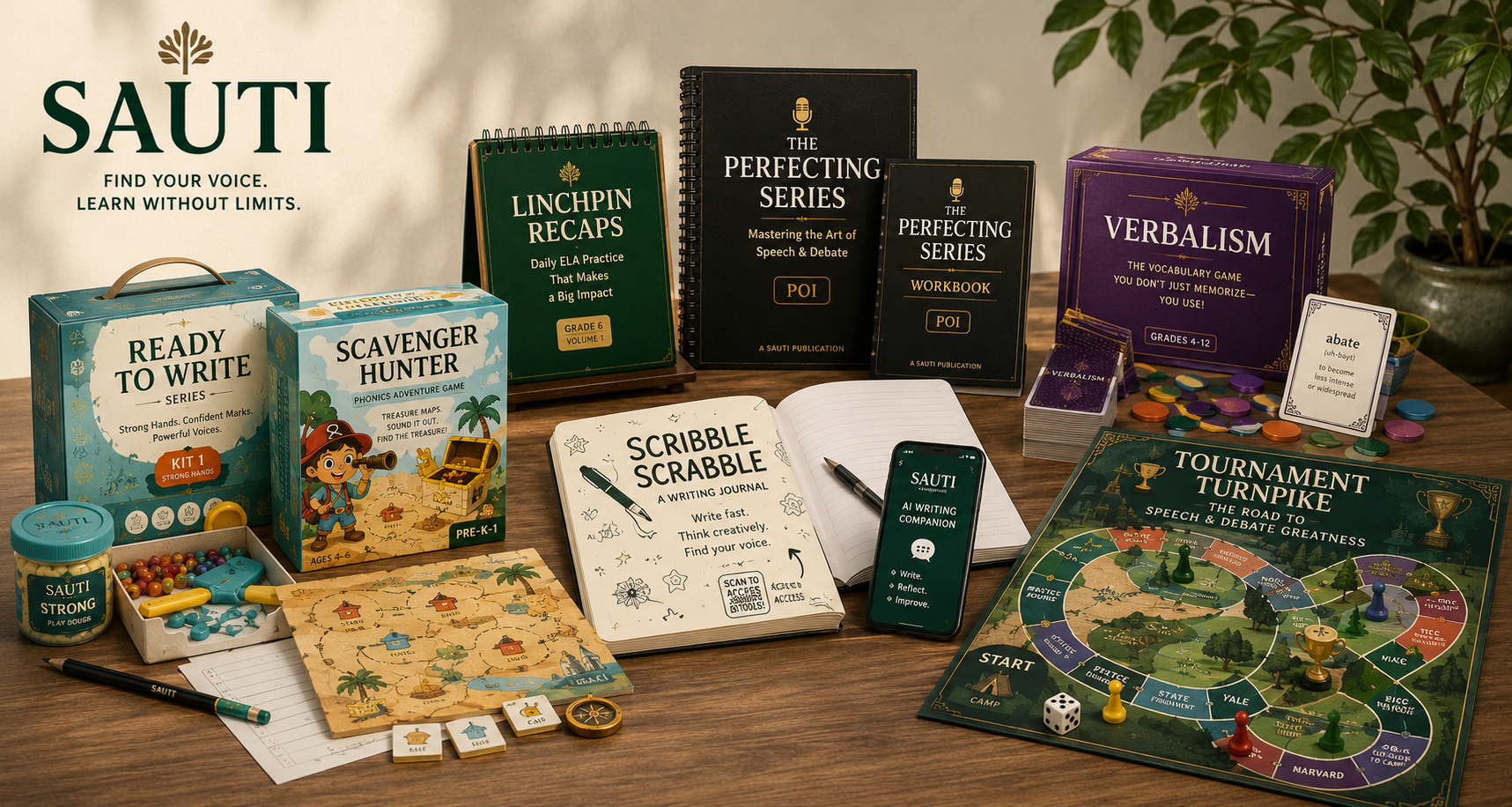 Sauti curriculum, publications, literacy games, writing tools, and Speech and Debate products arranged together