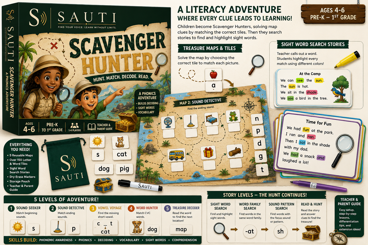 Sauti Scavenger Hunter early literacy game mockup